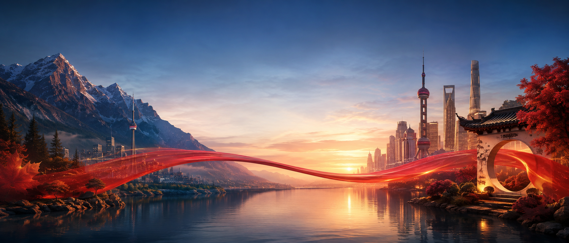 L’équipe du projet devant la silhouette de Shanghai et un hélicoptère au coucher du soleil