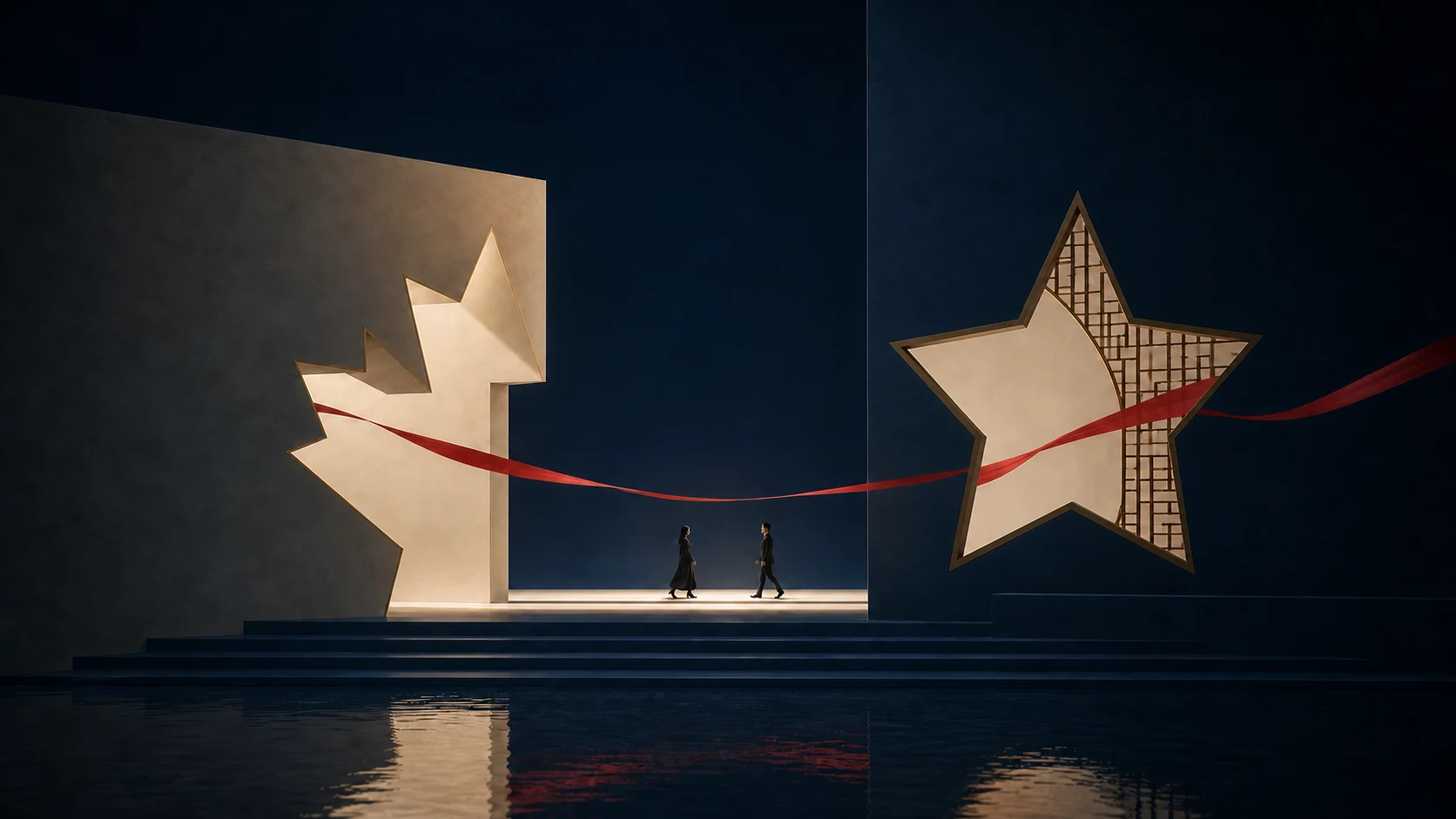 Une feuille d’érable et une étoile architecturale chinoise reliées par un ruban rouge